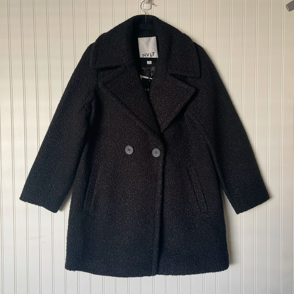 NEW NVLT Flat Boucle Double Breasted Over Coat Jacket Womens L Black Winter - Picture 2 of 16